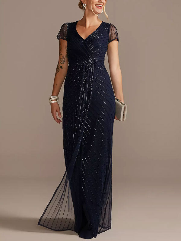 Beaded Short Sleeve V-Neck Dress with Pleats