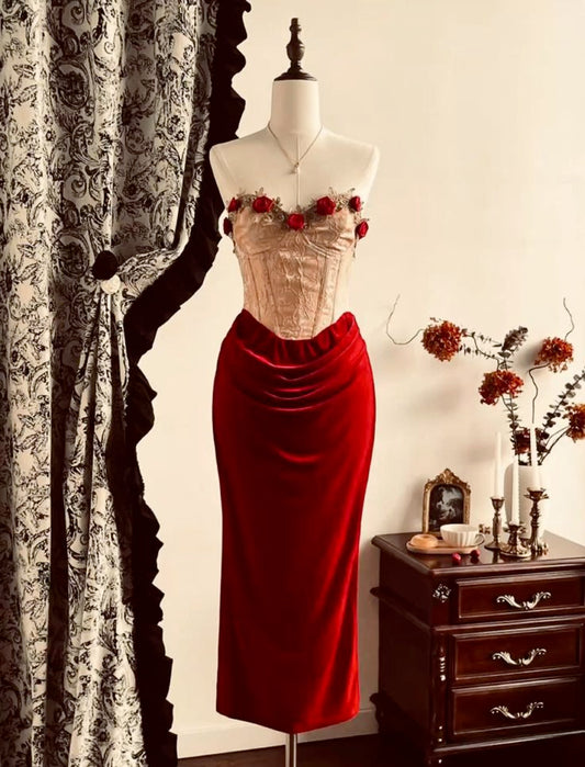 Red Vintage Floral Short Velvet Homecoming Dress Prom Party Dress gh4976