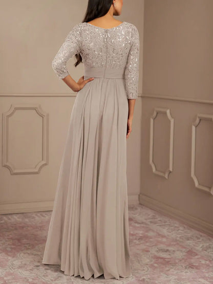 Round Neck Sequined Solid Lace Maxi Dress