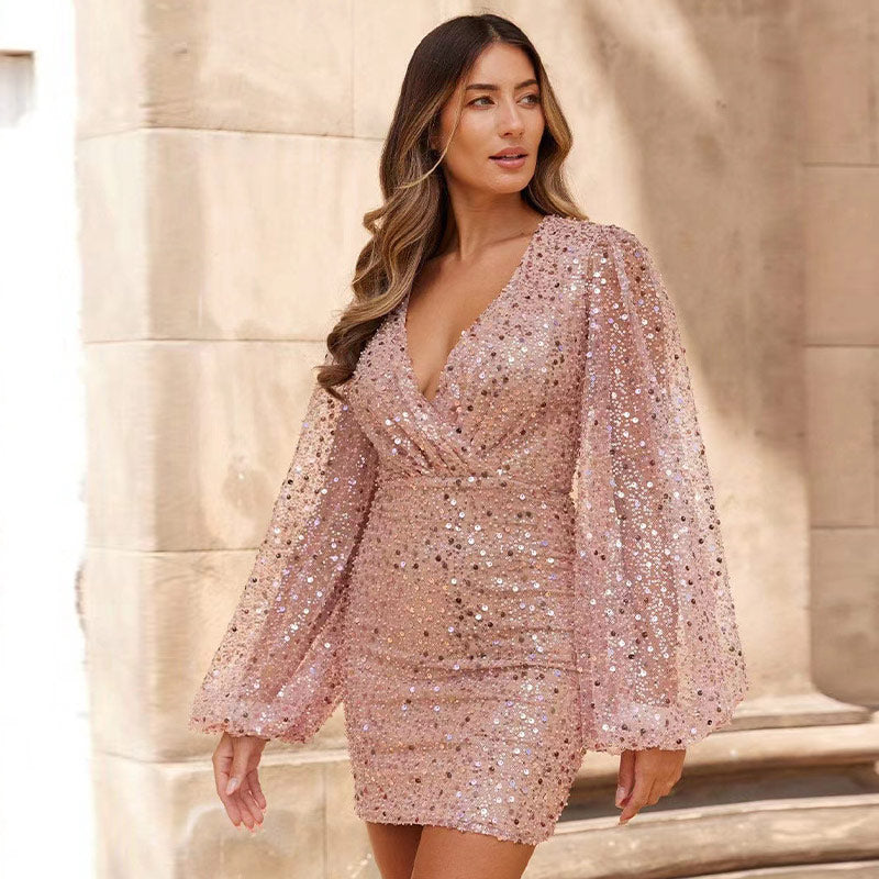 loveedsTM-Sexy Bright Sequin Lantern Long Sleeve Dress Summer Fashion Slim Nightclub Party Dresses Female V Neck Bodycon Mini Robe