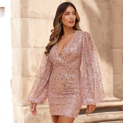 loveedsTM-Sexy Bright Sequin Lantern Long Sleeve Dress Summer Fashion Slim Nightclub Party Dresses Female V Neck Bodycon Mini Robe