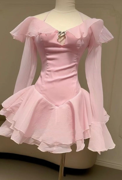 Pink Ruffle Short Chiffon Homecoming Dress Birthday Dress gh4625