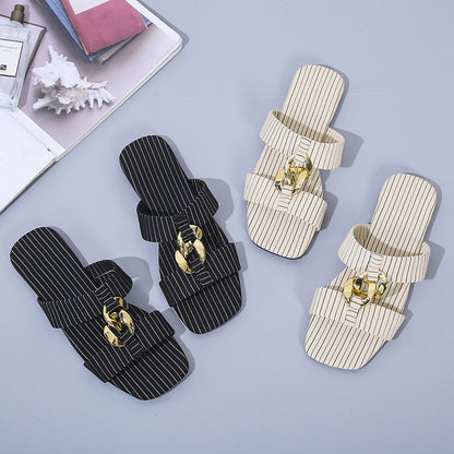 Stitched twine solid color flat-heel ladies sandals