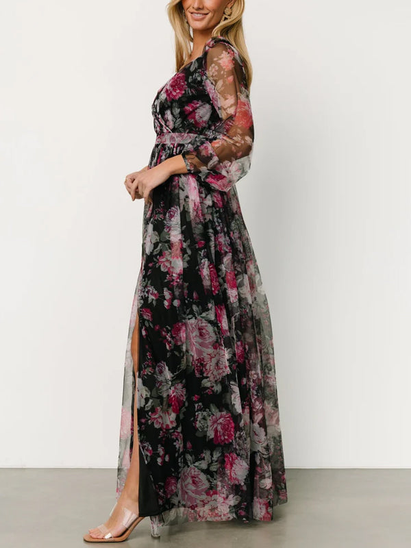 V-neck Long Sleeve Print Maxi Dress