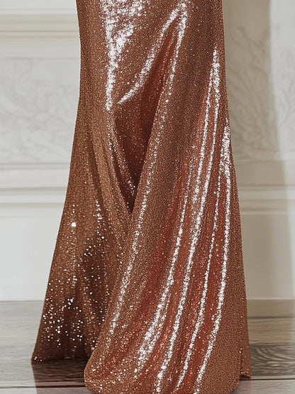 Evening Formal Sequin Dress Champagne Off-Shoulder Floor-Length Gown