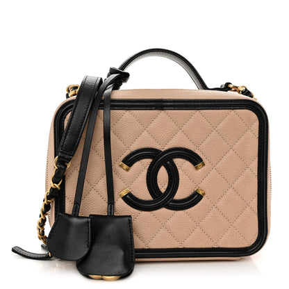 Chanel Caviar Quilted Medium CC Filigree Vanity Case Beige Black