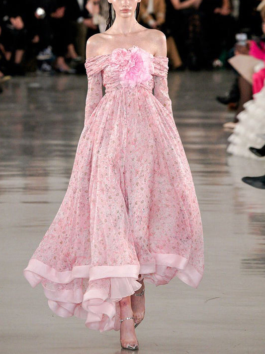 Pink Off-shoulder Print Midi Dress