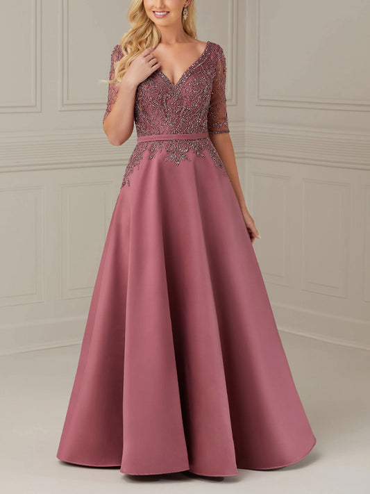 V Neck Short Sleeve Solid Color Lace Maxi Dress