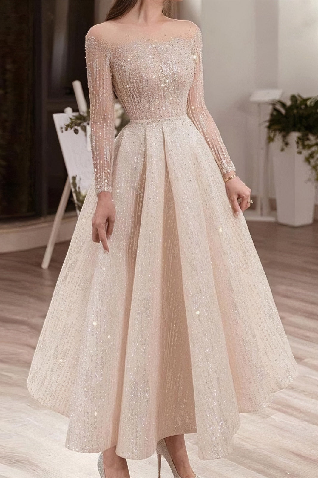 loveedsTM-Round Neck Long Sleeve Slim Dress Sequin Midi Dress