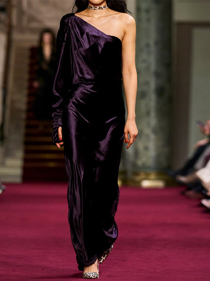 Off-shoulder Velvet Solid Color Maxi Dress