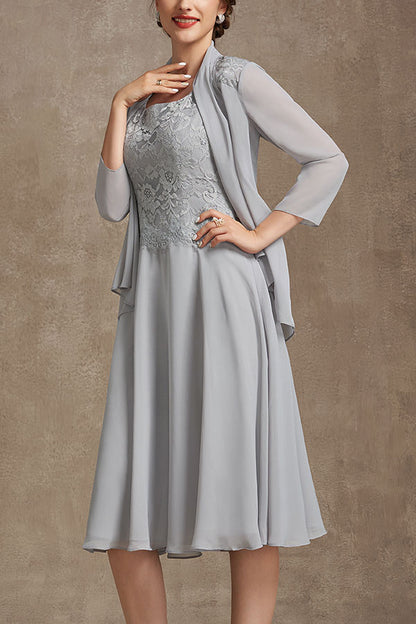 A-Line Square Neckline Knee-Length Chiffon Lace Mother of the Bride Dress