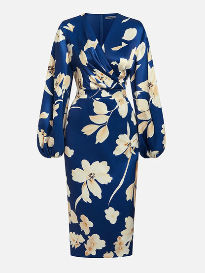Floral V Neck Balloon Sleeve Midi Sheath Satin Dress