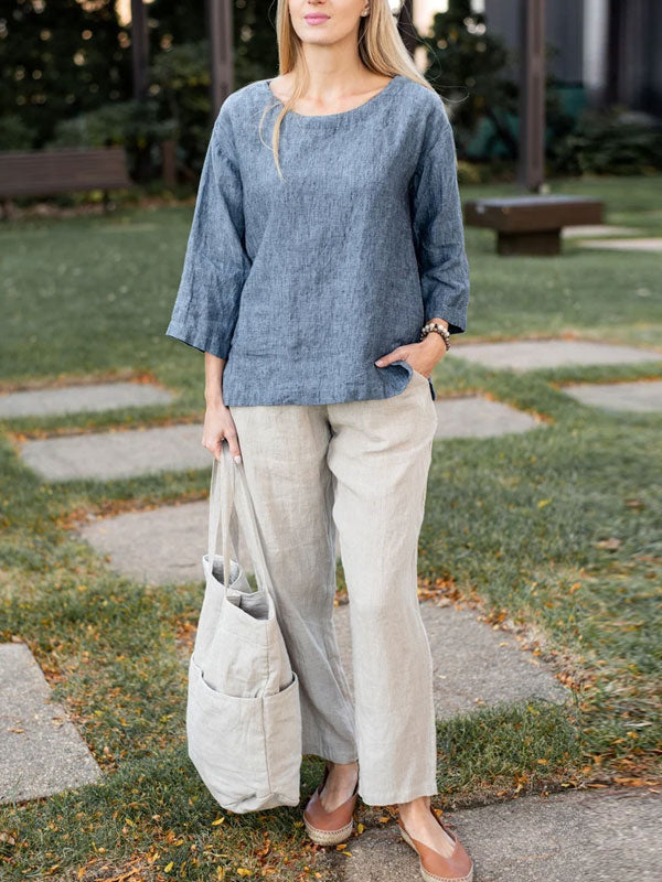 Pullover Solid Color Cotton and Linen Ladies Shirt