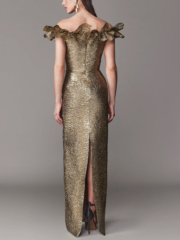 Off-the-shoulder Solid Color Three-dimensional Shape Maxi Dress