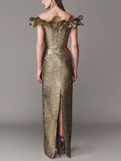 Off-the-shoulder Solid Color Three-dimensional Shape Maxi Dress