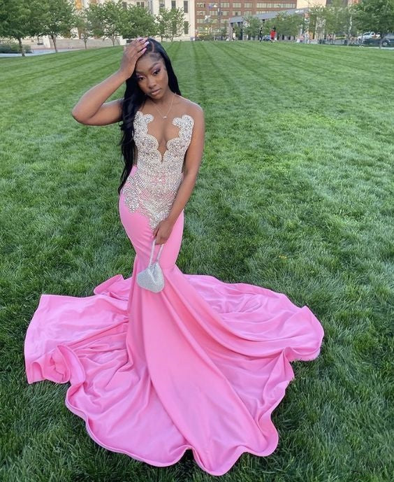 Pink gorgeous exquisite beaded elegant stunning mermaid long satin floor length train prom dress evening gown party dress gh2427