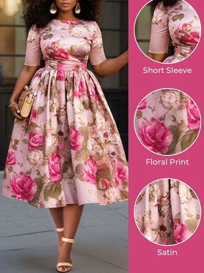 Floral V Neck Lantern Sleeve 3/4 Sleeve See Through Pocket Chiffon Maxi Dresses