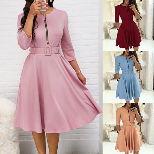 loveedsTM- Elegant Women Solid Half Sleeve Party Dress Autumn Casual Zipper Knee-length Midi Dresses Ladies Big Swing Club Dress Vestidos
