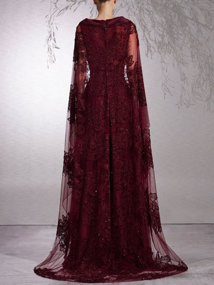 Fully Beaded Boat Neck Cape Dress