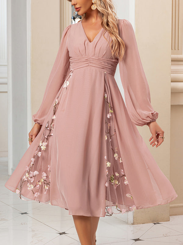 Pleated V-Neck A-line Chiffon Lace Midi Dress