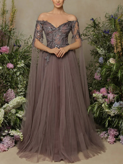 Off-the-shoulder mesh maxi dress