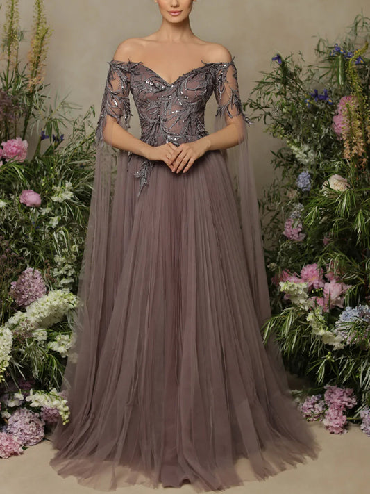 Off-the-shoulder mesh maxi dress