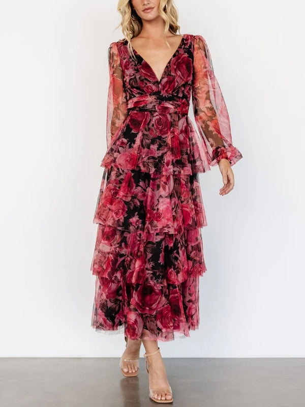 Layered Chiffon Print Maxi Dress