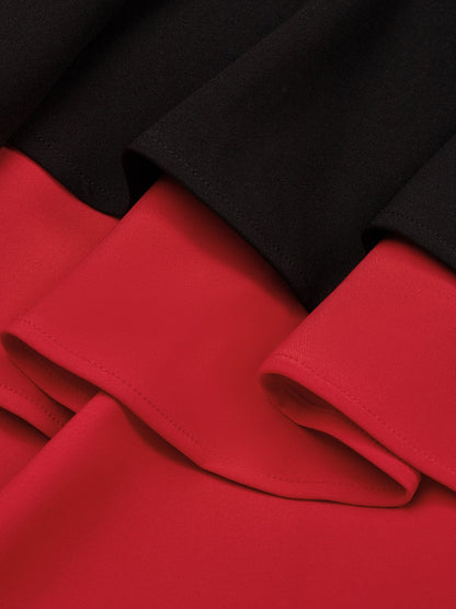 Elegant Color Block Split Joint Stand Collar Midi Dress