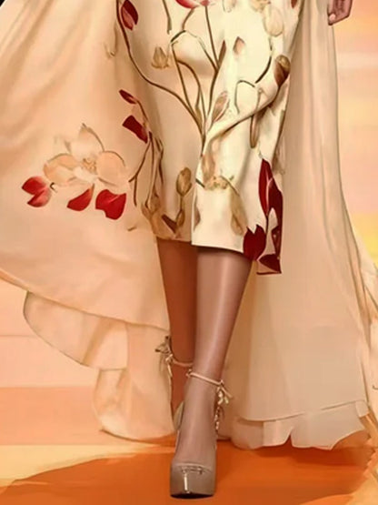 Exquisite Printed High Waist Silk Dress