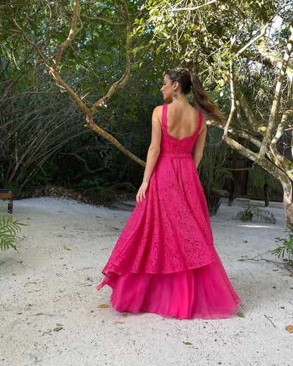 Pink Fashion Elegant Exquisite Lace Strap Long Tulle Ball Gown Evening Dress Wedding Guest Party Dress gh3362
