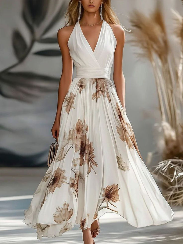 White V-neck Print Maxi Dress