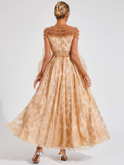 Mesh Lace Solid Color Long Sleeves Maxi Dress