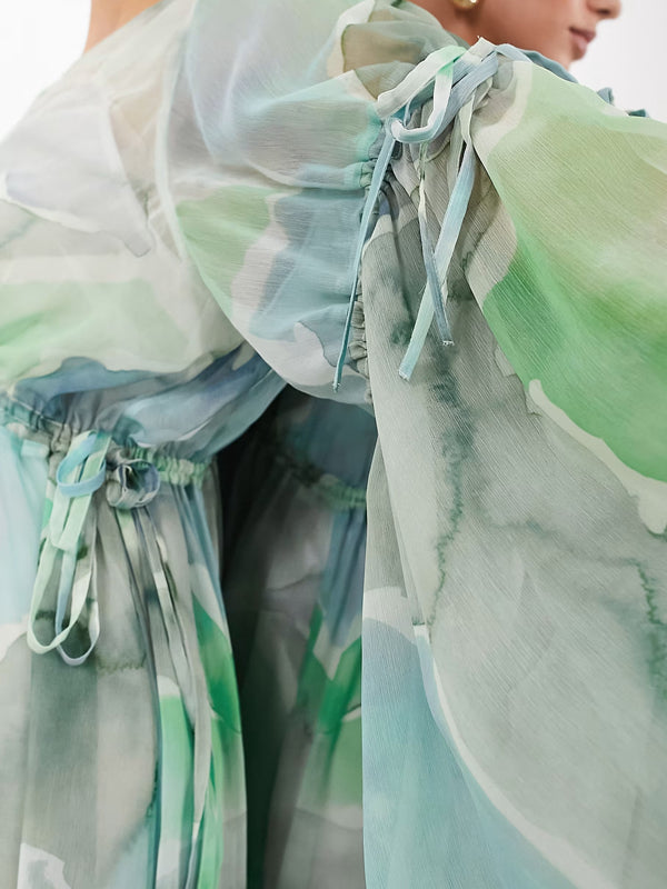 Watercolor Print and Ruffles Women's Dress