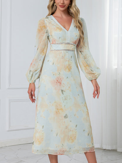 Floral Print V-Neck A-line Chiffon Midi Dress