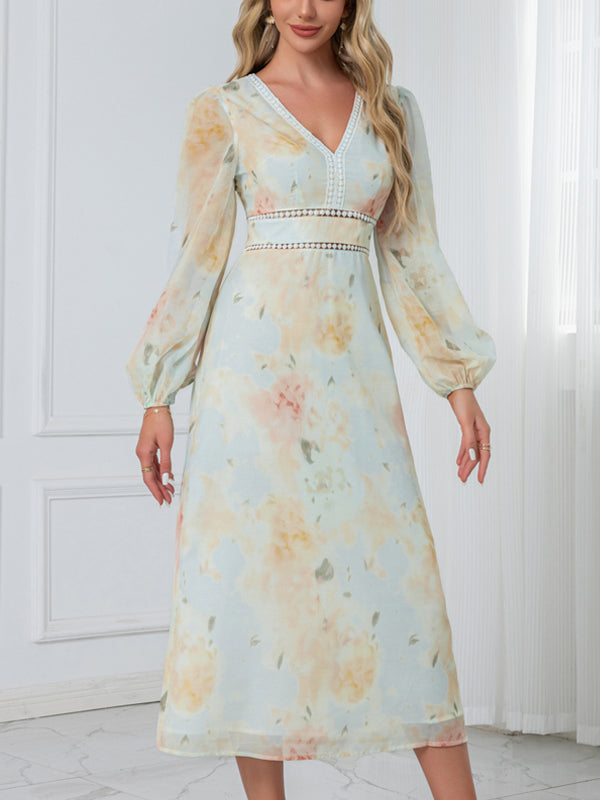 Floral Print V-Neck A-line Chiffon Midi Dress