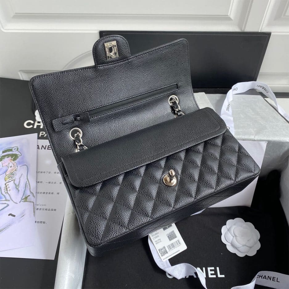 CHANEL CLASSIC HANDBAG Grained Calfskin & Silver Metal