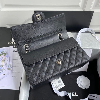 CHANEL CLASSIC HANDBAG Grained Calfskin & Silver Metal
