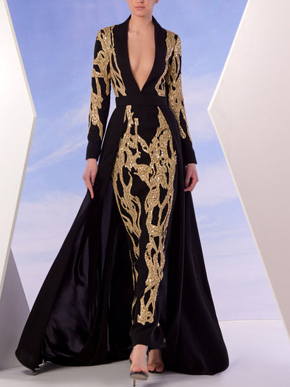 Long Sleeve Embroidered Lace Gown
