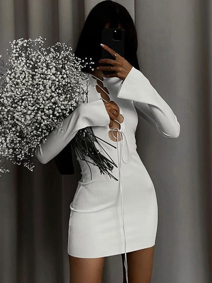 loveedsTM- Autumn Sexy Bandage Black Mini Dress for Women Fashion Outfits Party Club Long Sleeve Bodycon Dresses Vestido Knit