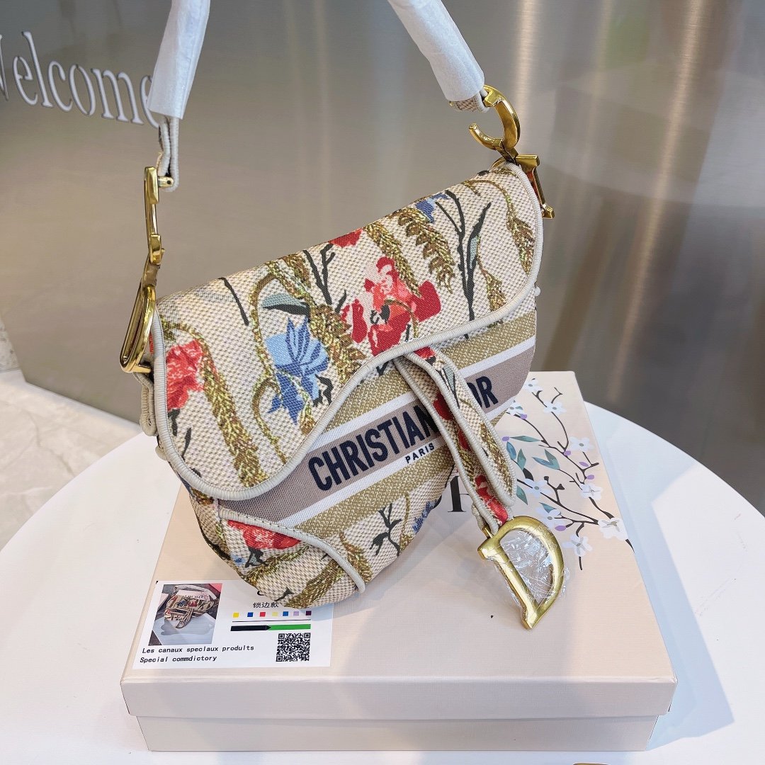 CHRISTIAN DIOR SADDLE BAG EMBROIDERED CANVAS HANDBAG IVORY
