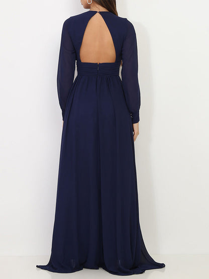 V-neck Solid Color Long Sleeve Chiffon Maxi Dress