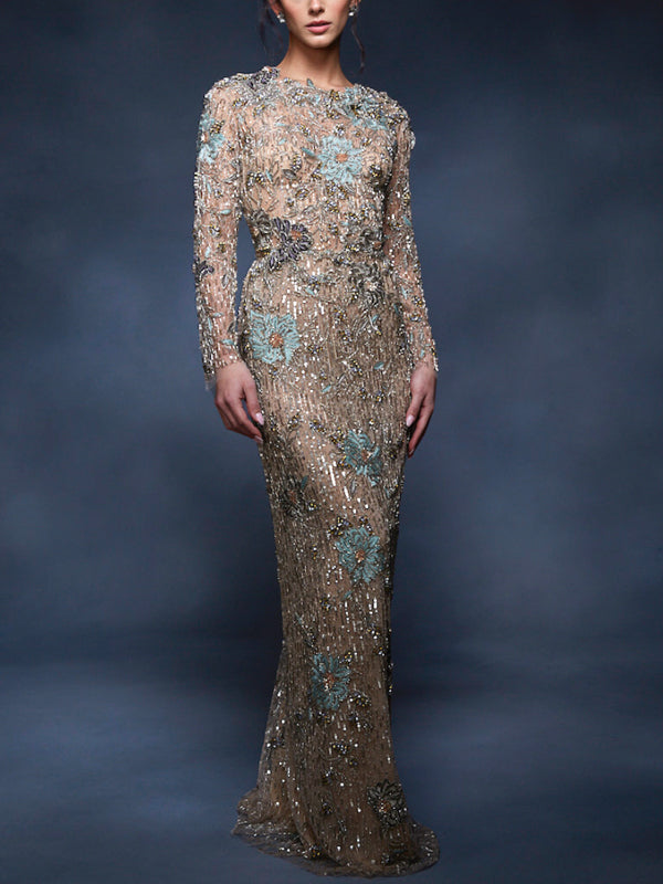 Round Neck Lace Long Sleeves Maxi Dress