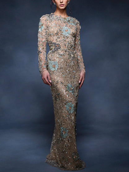 Round Neck Lace Long Sleeves Maxi Dress