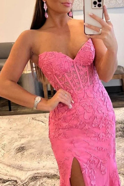 Pretty Mermaid Strapless Corset Lace Prom Dress with Slit DP295