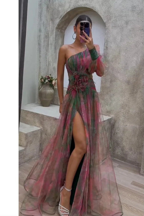 loveedsTM-Sexy off-shoulder one-shoulder long-sleeved floral dress