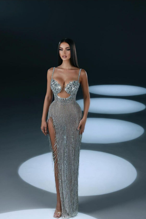 loveedsTM-Silver tassel slit sexy heavy-duty dress-vx