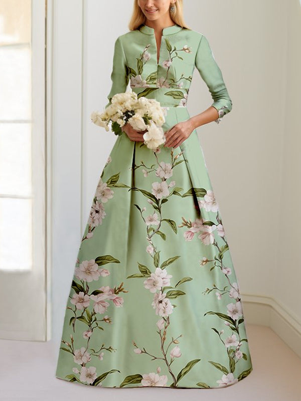 Simple Retro Long Sleeves Satin Print Dress