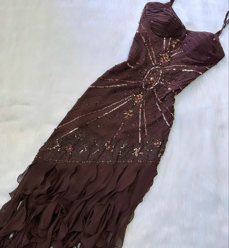 Brown Beautiful A-line Spaghetti Straps Exquisite Beaded Chiffon Long Ball Gown Evening Dress gh3155