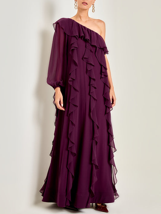 Chiffon Ruffled Neckline Women's Dress