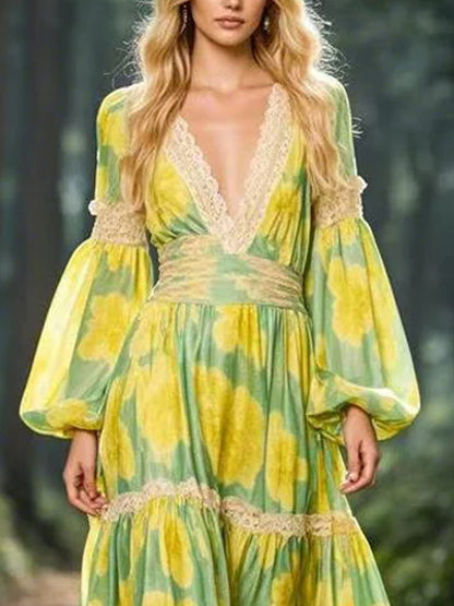 Lace Edge Temperament Print Women's Dress